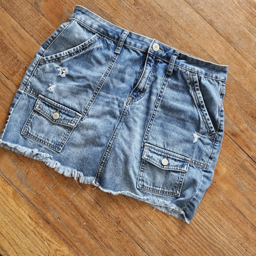 Denim Cargo Mini Skirt with Frayed Hem - Blue
